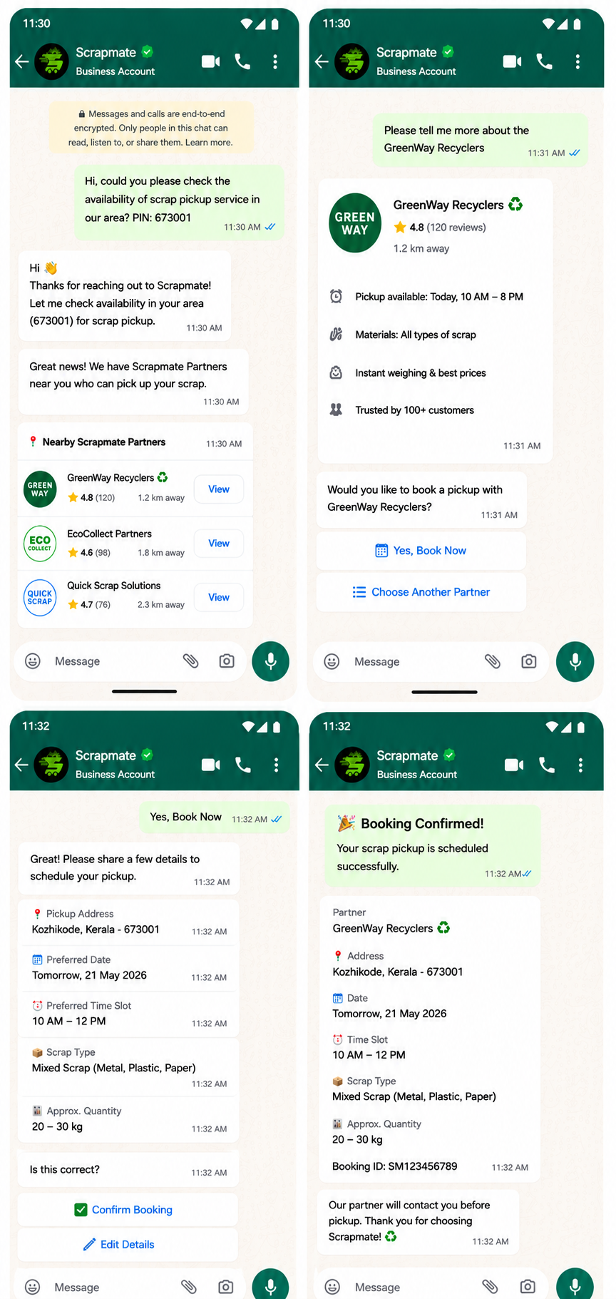 Example WhatsApp scrap pickup booking flow